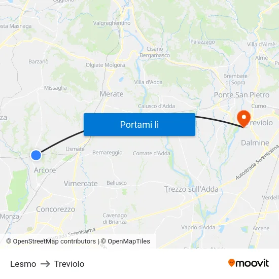 Lesmo to Treviolo map