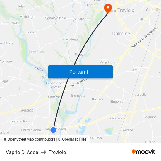 Vaprio D' Adda to Treviolo map
