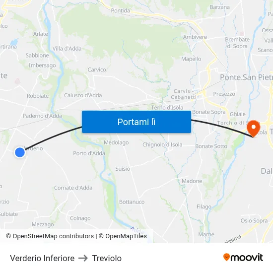 Verderio Inferiore to Treviolo map