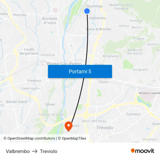 Valbrembo to Treviolo map