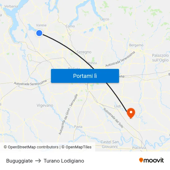 Buguggiate to Turano Lodigiano map