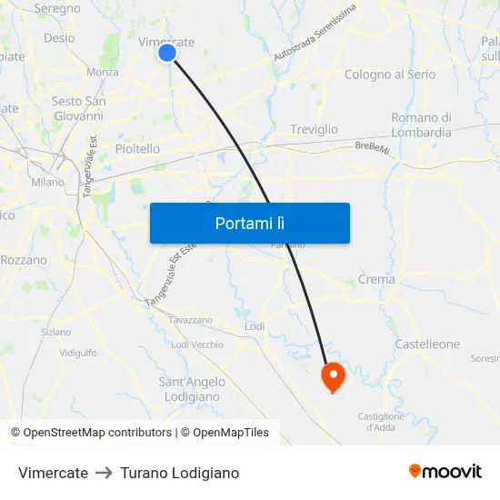 Vimercate to Turano Lodigiano map