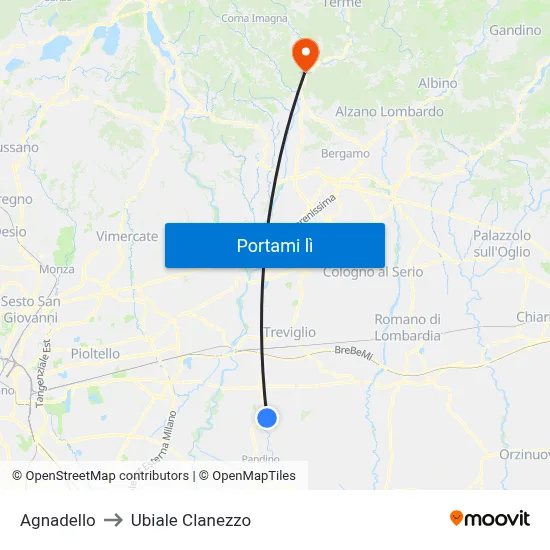 Agnadello to Ubiale Clanezzo map