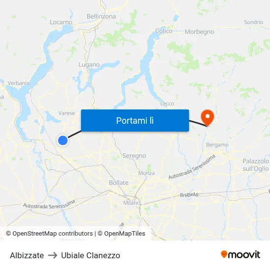 Albizzate to Ubiale Clanezzo map