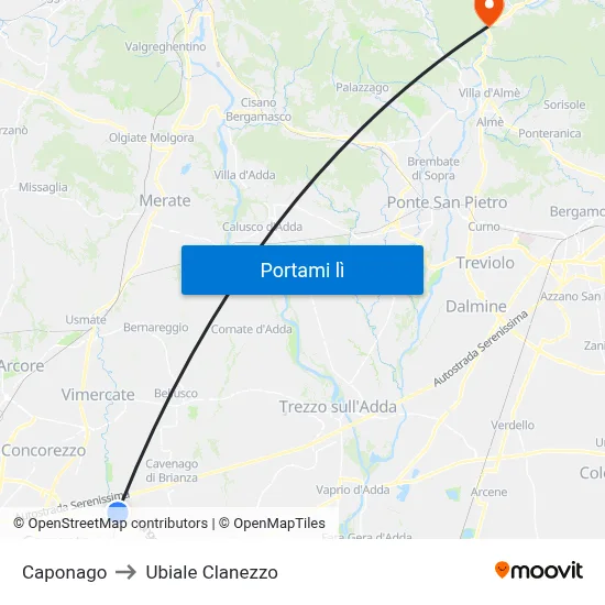 Caponago to Ubiale Clanezzo map