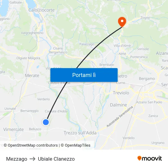 Mezzago to Ubiale Clanezzo map