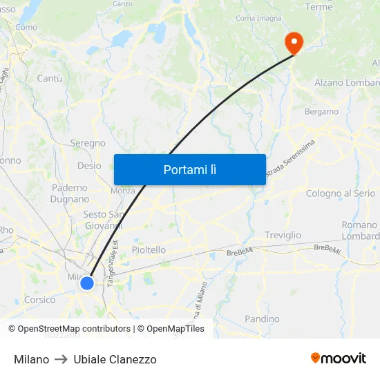 Milano to Ubiale Clanezzo map