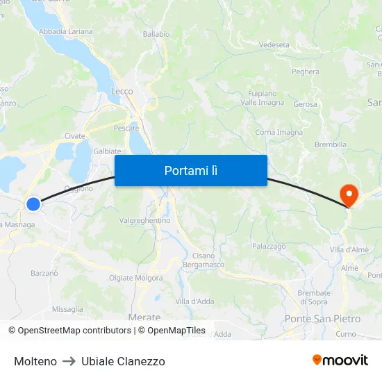 Molteno to Ubiale Clanezzo map