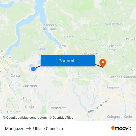 Monguzzo to Ubiale Clanezzo map