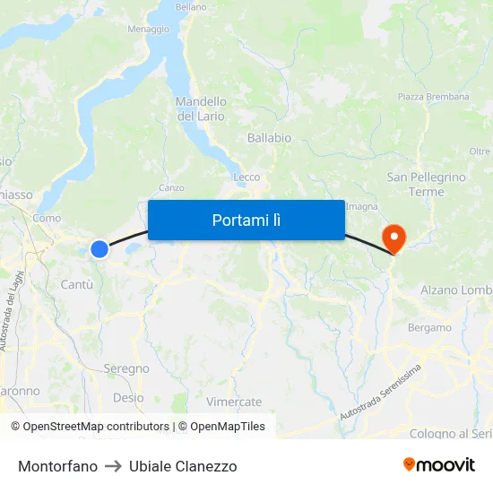 Montorfano to Ubiale Clanezzo map