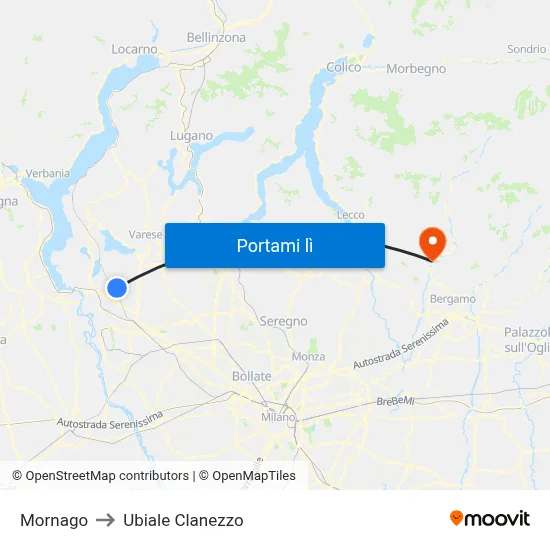 Mornago to Ubiale Clanezzo map