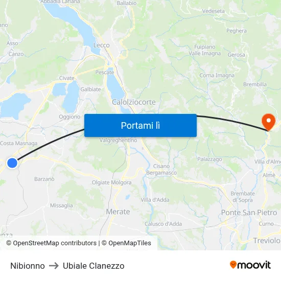 Nibionno to Ubiale Clanezzo map