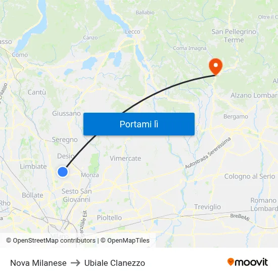 Nova Milanese to Ubiale Clanezzo map