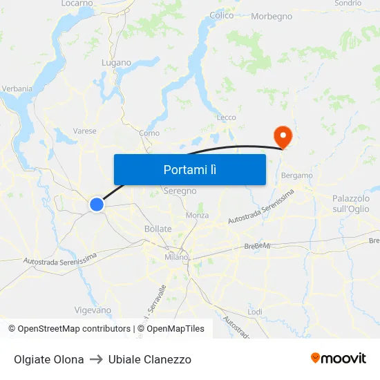 Olgiate Olona to Ubiale Clanezzo map