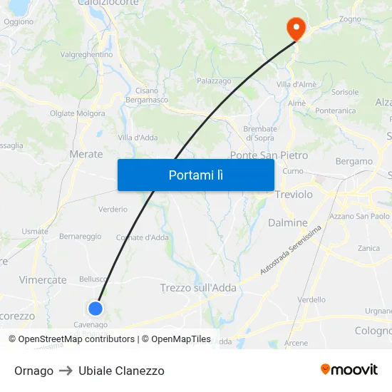 Ornago to Ubiale Clanezzo map