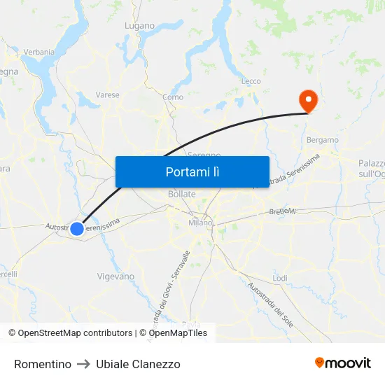 Romentino to Ubiale Clanezzo map