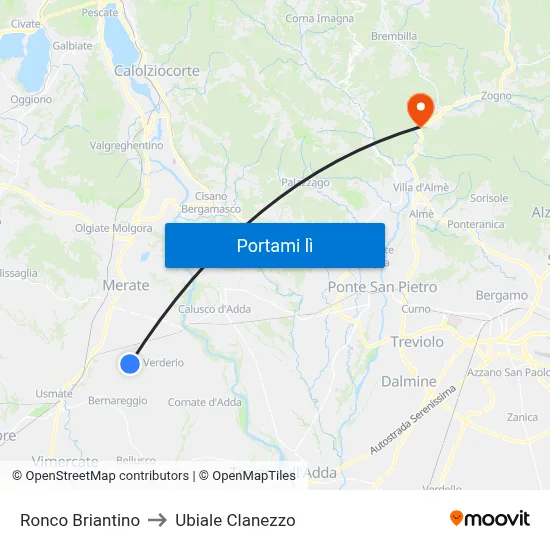 Ronco Briantino to Ubiale Clanezzo map