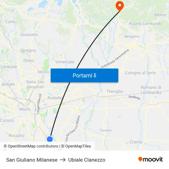 San Giuliano Milanese to Ubiale Clanezzo map