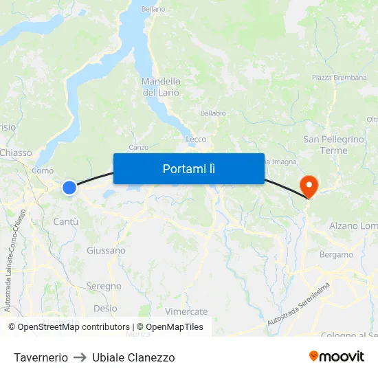 Tavernerio to Ubiale Clanezzo map