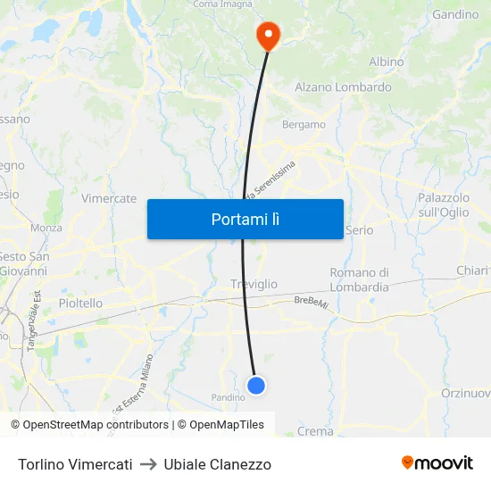 Torlino Vimercati to Ubiale Clanezzo map