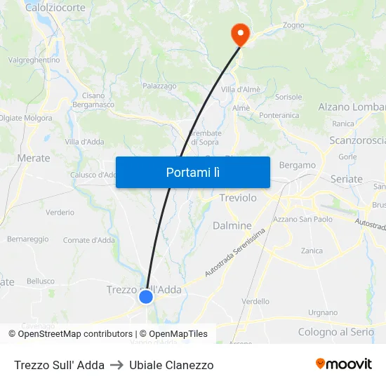 Trezzo Sull' Adda to Ubiale Clanezzo map