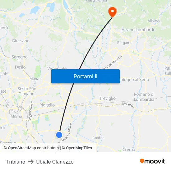 Tribiano to Ubiale Clanezzo map
