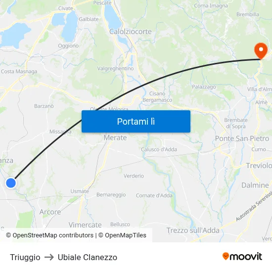 Triuggio to Ubiale Clanezzo map