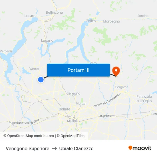 Venegono Superiore to Ubiale Clanezzo map