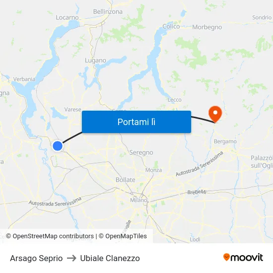 Arsago Seprio to Ubiale Clanezzo map