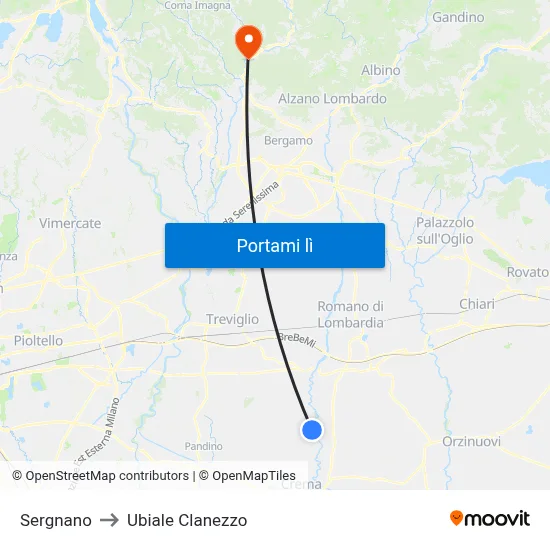 Sergnano to Ubiale Clanezzo map