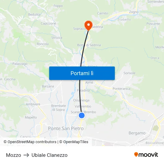 Mozzo to Ubiale Clanezzo map