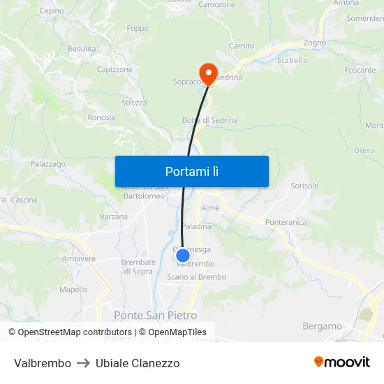 Valbrembo to Ubiale Clanezzo map