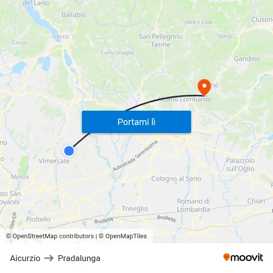 Aicurzio to Pradalunga map
