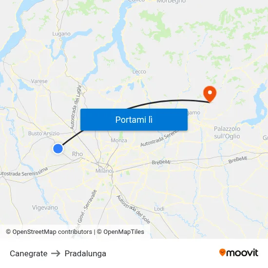 Canegrate to Pradalunga map