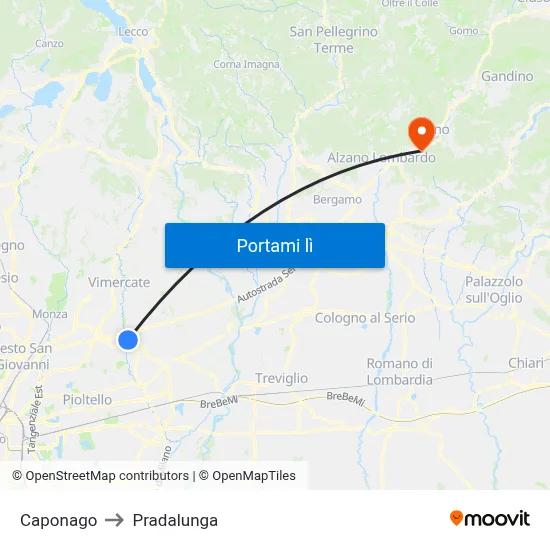 Caponago to Pradalunga map