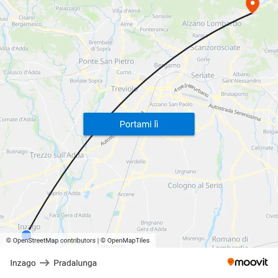 Inzago to Pradalunga map
