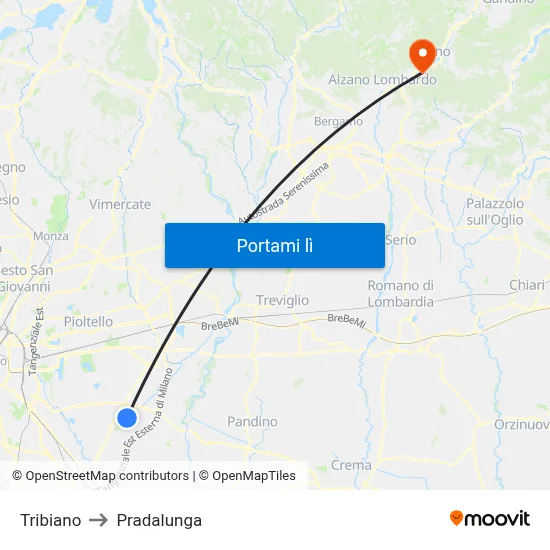Tribiano to Pradalunga map