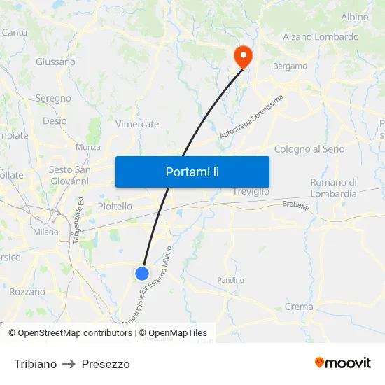 Tribiano to Presezzo map