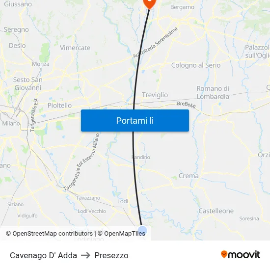 Cavenago D' Adda to Presezzo map