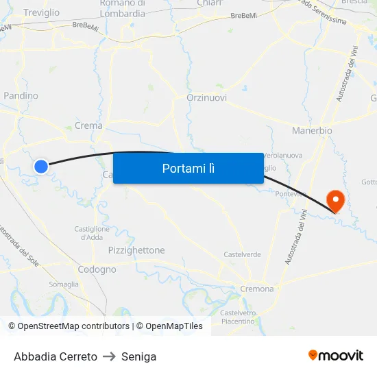 Abbadia Cerreto to Seniga map