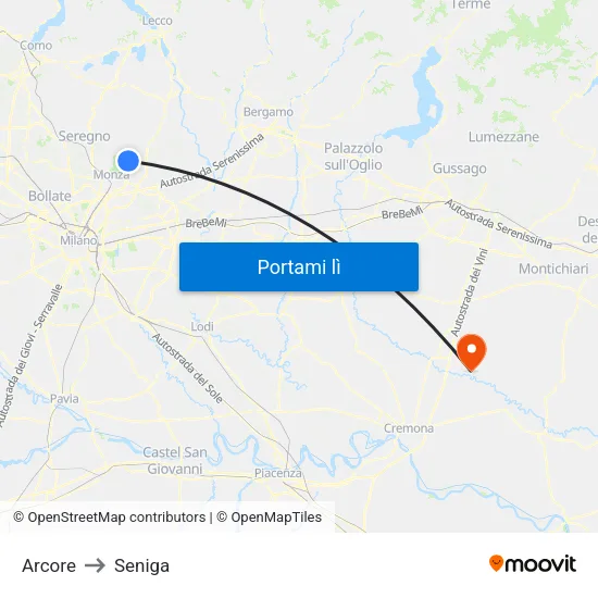 Arcore to Seniga map