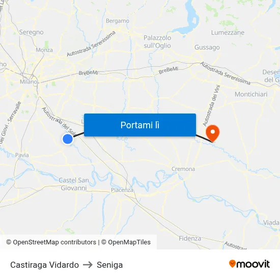 Castiraga Vidardo to Seniga map