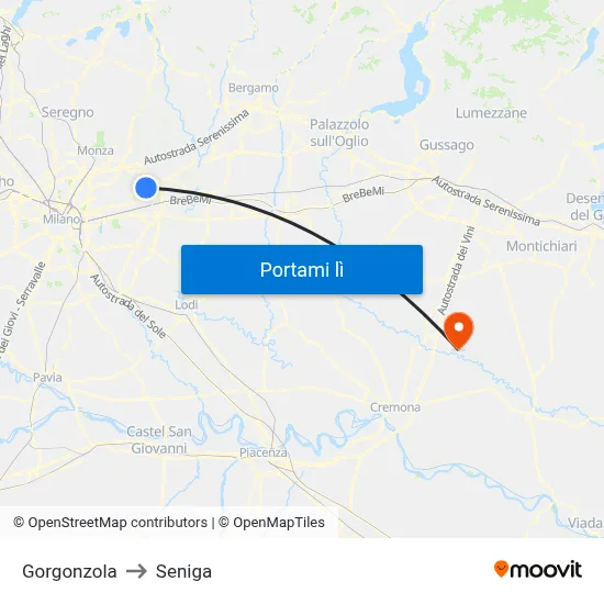 Gorgonzola to Seniga map