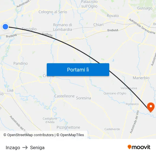 Inzago to Seniga map