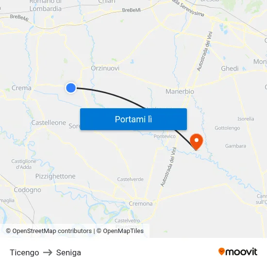 Ticengo to Seniga map