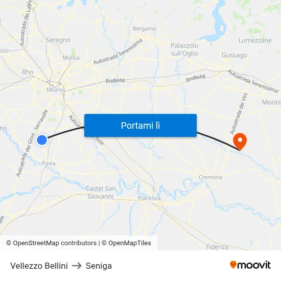 Vellezzo Bellini to Seniga map