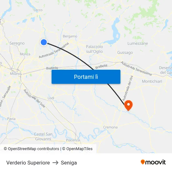 Verderio Superiore to Seniga map