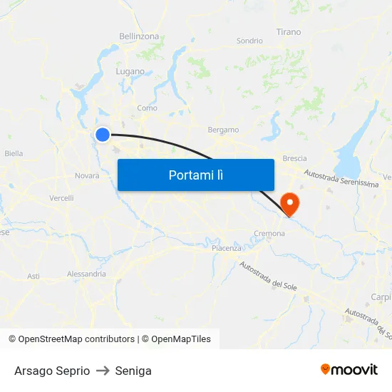 Arsago Seprio to Seniga map