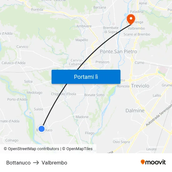 Bottanuco to Valbrembo map