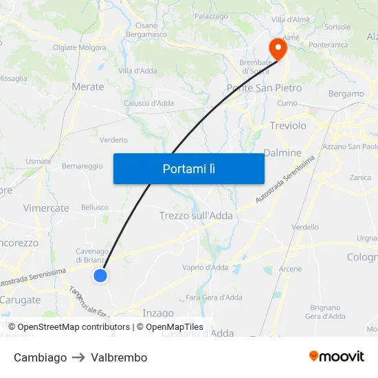 Cambiago to Valbrembo map